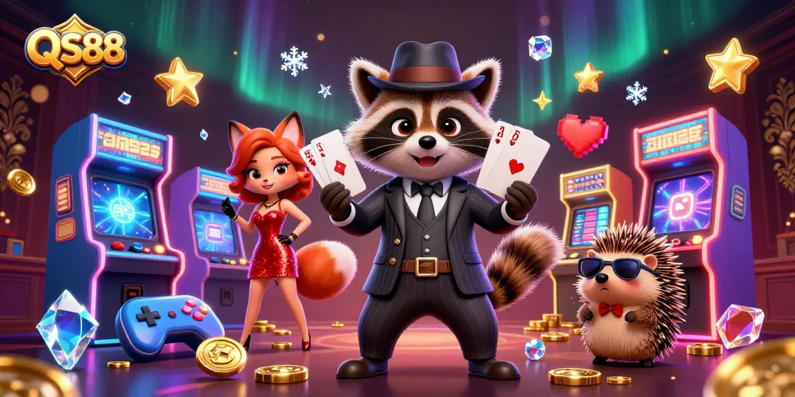 Experience winning thrills at QS88 casino with a suave raccoon, glamorous fox, and axed hedgehog in a packed 3D gaming scene.