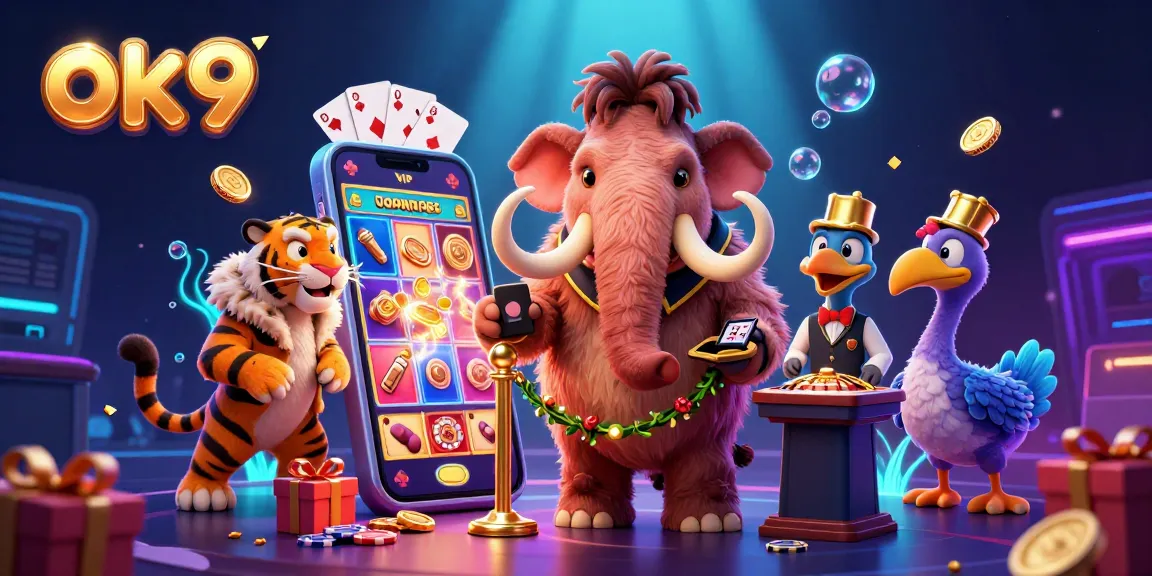 Engage with ok9's vibrant gaming scene featuring a whimsical casino bouncer checking IDs.