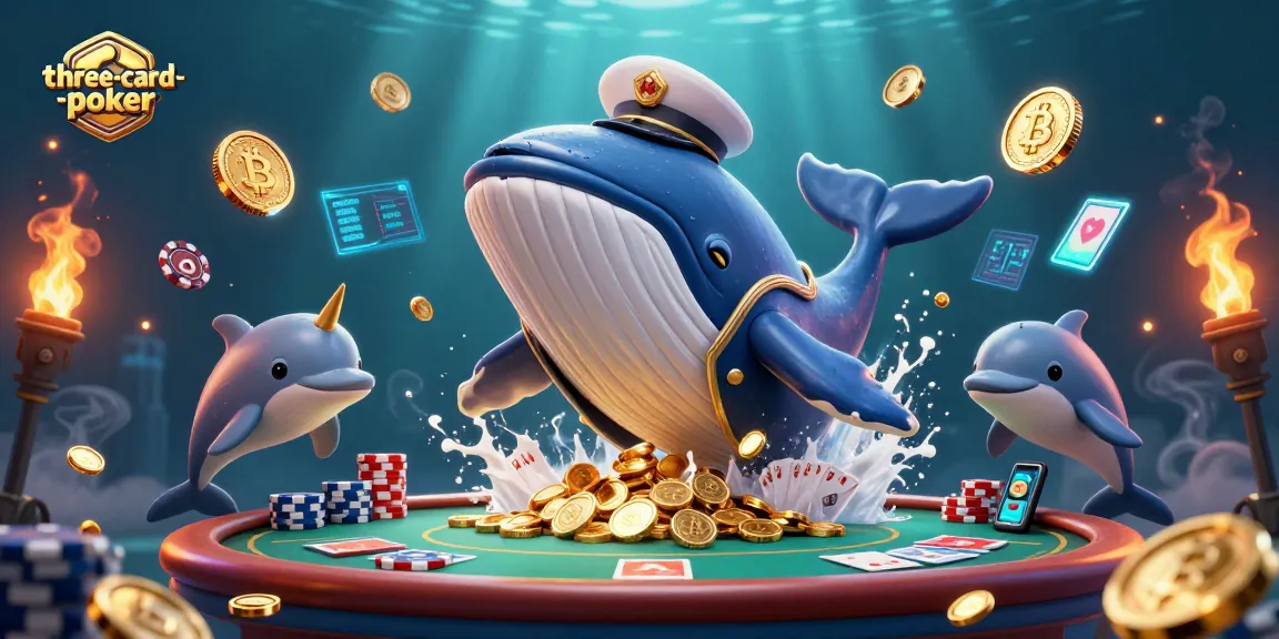 Engage in three-card-poker action with vibrant characters and gaming elements amidst dazzling coins and chips.